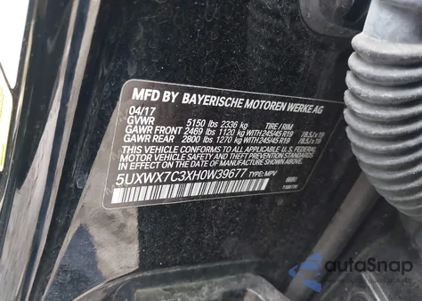 2017 BMW X3 xDrive35I из США, поврежденный, VIN 5UXWX7C3XH0W39677